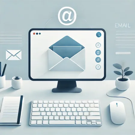 DALL·E 2024-11-19 15.43.21 - A clean and minimalist illustration of an email consultation service, featuring a large envelope icon placed on a desk with a keyboard and mouse. The